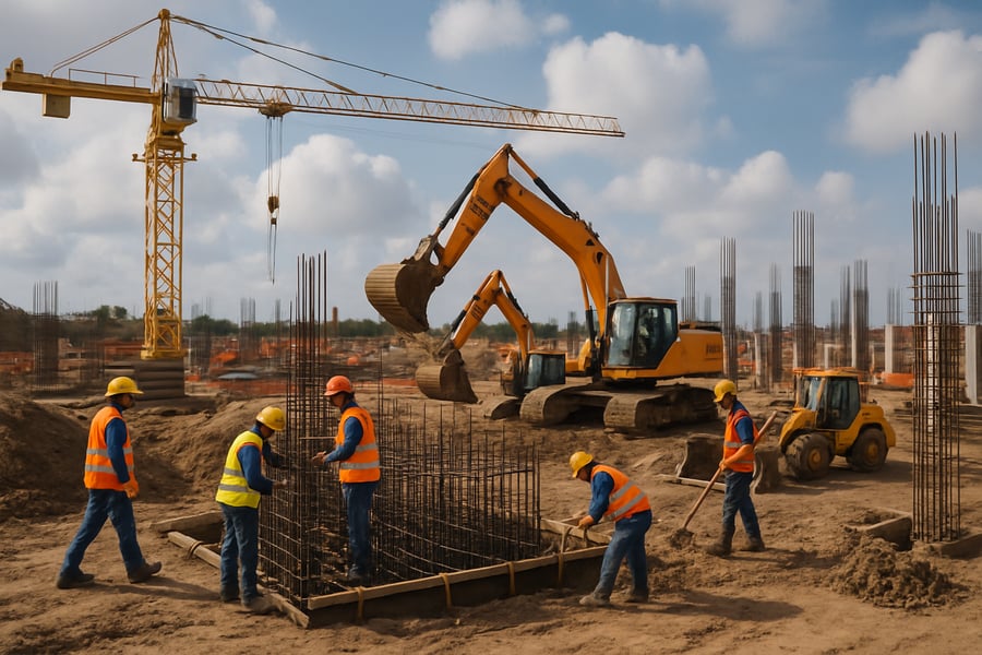 Construction site with workers and equipment Construction site with workers and equipment